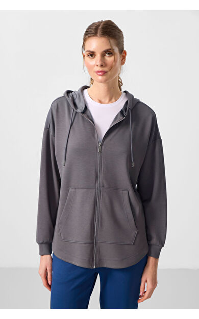 TommyLife Koyu Gri Yumuşak Dokulu Kapüşonlu Oversize Kadın Tunik Sweatshirt - 97302