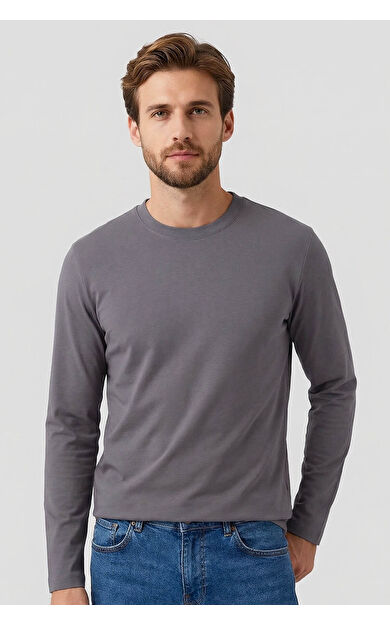 Koyu Gri Standart Fit Basic O Yaka Uzun Kollu İnce Erkek T-Shirt - 87997