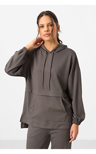 Koyu Gri Yumuşak Dokulu Kapüşonlu Oversize Kadın Eşofman Tunik Takım - 95348