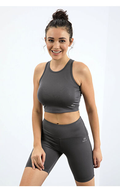 Koyu Gri Yüksek Bel Toparlayıcı Dar Kalıp Crop Biker Kadın Tayt Takım - 95302