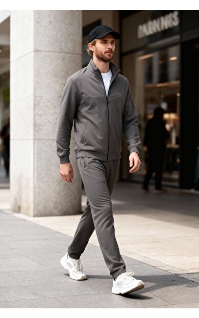 Koyu Gri Pamuklu Kalın Yumuşak Dokulu Comfort Fit Basic Erkek Eşofman Takım - 85260