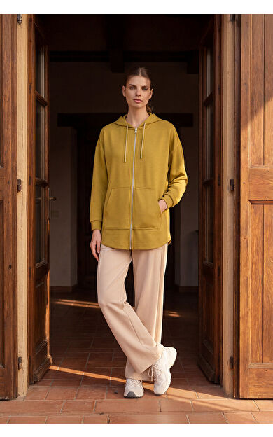 Koyu Hardal Yumuşak Dokulu Kapüşonlu Oversize Kadın Tunik Sweatshirt - 97302