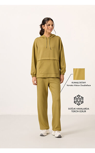 Koyu Hardal Yumuşak Dokulu Kapüşonlu Oversize Kadın Eşofman Tunik Takım - 95348