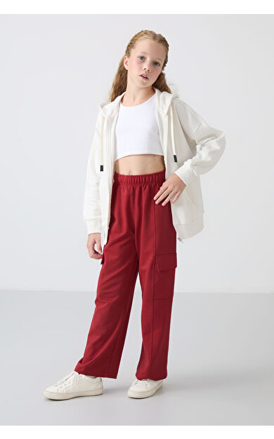 Koyu Kırmızı Kargo Cepli Ön Dikiş Detaylı Geniş Paça Kız Çocuk Eşofman Altı - 75143