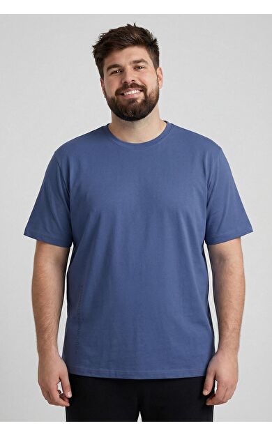 Koyu Mavi Baskılı O Yaka Rahat Form Battal Büyük Beden Erkek T-Shirt - 88472