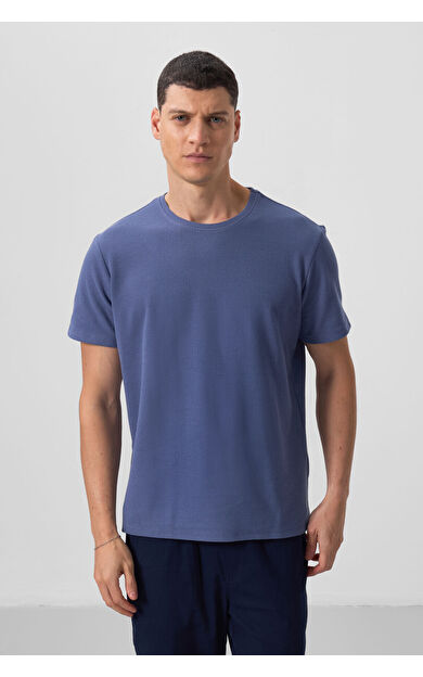 Koyu Mavi Yüzeyi Dokulu Rahat Form Basic Erkek T-Shirt - 88436