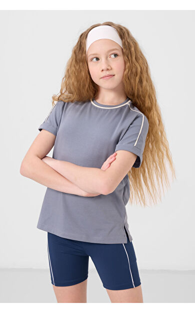 Koyu Mavi Pamuklu O Yaka Standart Fit Basic Kız Çocuk T-Shirt - 75177