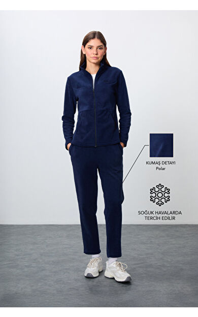 Lacivert Kalın Yumuşak Dokulu Dik Yaka Oversize Nakışlı Polar Kadın Eşofman Takım -95339