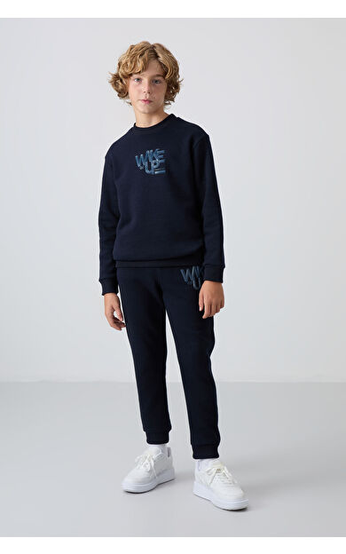 Lacivert Pamuklu Kalın İçi Tüylü Standart Fit Baskılı Erkek Çocuk Eşofman Takım - 11253