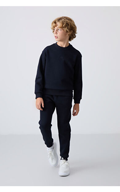 Lacivert Pamuklu Kalın İçi Tüylü Standart Fit Nakışlı Erkek Çocuk Eşofman Takım - 11249