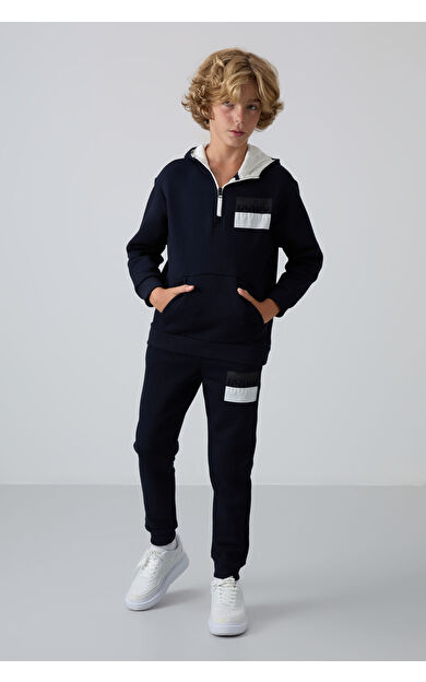 Lacivert Pamuklu Kalın İçi Tüylü Standart Fit Baskılı Erkek Çocuk Eşofman Takım - 11246