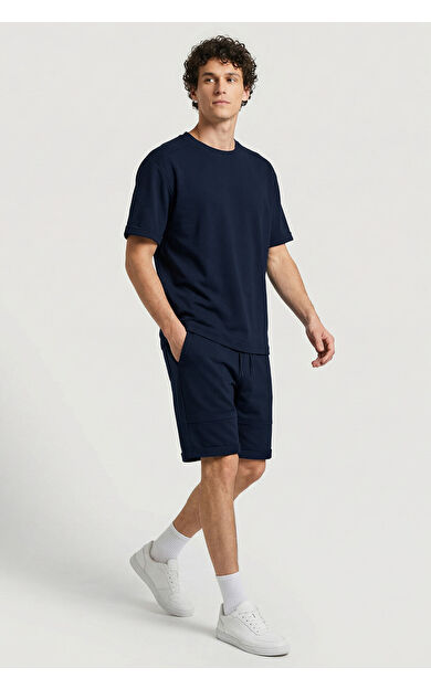 Lacivert Oversize Fit Yumuşak Dokulu Basic Erkek Şort Takım - 85274