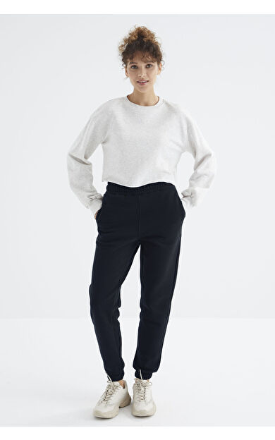 Lacivert Yüksek Bel Şardonlu 3 İplik Pamuklu Basic Kadın Eşofman Alt - 94624