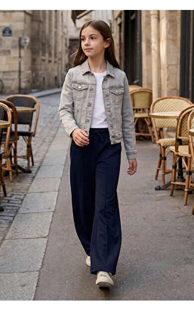 Lacivert Cepli Ön Dikiş Detaylı Geniş Paça Kız Çocuk Eşofman Altı -75144