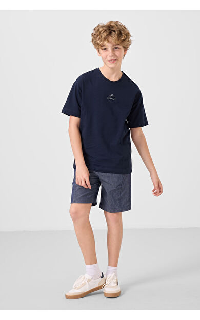 Lacivert-Kot Lacivert Pamuklu Oversize Fit Dokuma Hafif Esnek Chino Erkek Çocuk Şort Takım - 11276