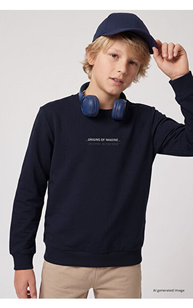 YENİ Lacivert Standart Fit Baskılı O Yaka Erkek Çocuk Sweatshirt - 11322