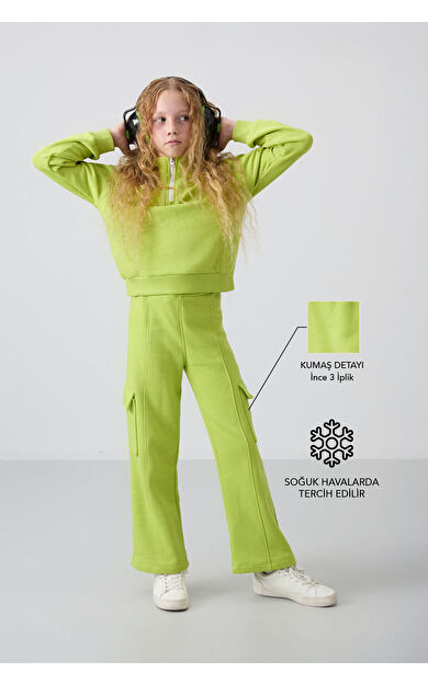 Lime Yeşil Pamuklu İçi Tüylü Yumuşak Dokulu Standart Fit Nakışlı Kız Çocuk Eşofman Takım - 75159