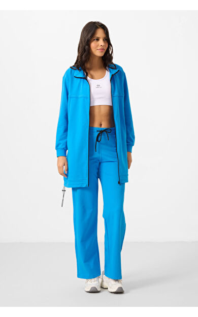 Mavi Dik Yaka Fermuarlı Pamuklu Kadın Eşofman Tunik Takım - 95346