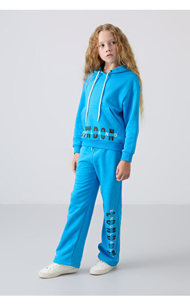 Mavi  Pamuklu İçi Tüylü Yumuşak Dokulu Oversize Baskılı Kız Çocuk Eşofman Takım - 75147