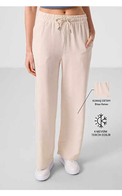 Bej Keten Geniş Paça Rahat Form Kadın Palazzo Pantolon - 94675