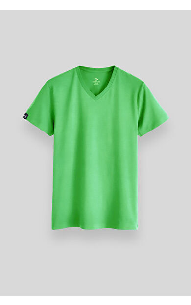 Neon Yeşil Basic Kısa Kol Standart Kalıp V Yaka Erkek T-Shirt - 87912