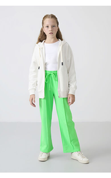 Neon Yeşil Cepli Ön Dikiş Detaylı Geniş Paça Kız Çocuk Eşofman Altı -75144