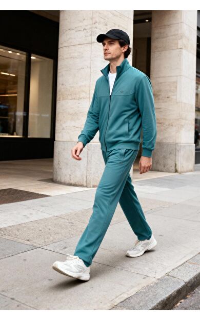 Orman Yeşili Pamuklu Kalın Yumuşak Dokulu Comfort  Fit Basic Erkek Eşofman Takım - 85260