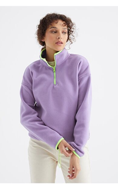 Açık Eflatun Yarım Fermuar Etek Ucu Büzgülü Dik Yaka Oversize Kadın Polar Sweatshirt - 97234