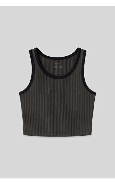 Antrasit Basic Sıfır Kol Dar Kalıp U Yaka Kadın Crop Top Atlet - 97160
