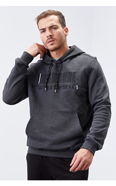 Antrasit Melanj Nakışlı Kanguru Cep Standart Kalıp Kapüşonlu Erkek Sweatshirt - 87839
