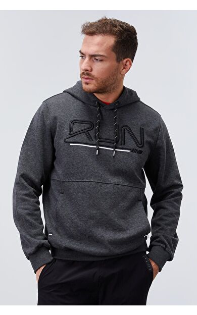 Antrasit Melanj Yazı Nakışlı Standart Kalıp Kapüşonlu Erkek Sweatshirt - 87887
