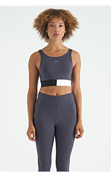 Antrasit Renk Bloklu Logo Baskılı Dar Kalıp Fitilli Kadın Büstiyer - 97275