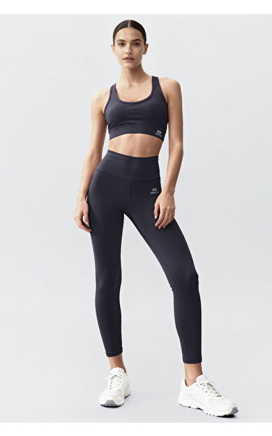 Antrasit Yüksek Bel Toparlayıcı Çapraz Sırt Detaylı Slim Fit Kadın Tayt Takım - 95283
