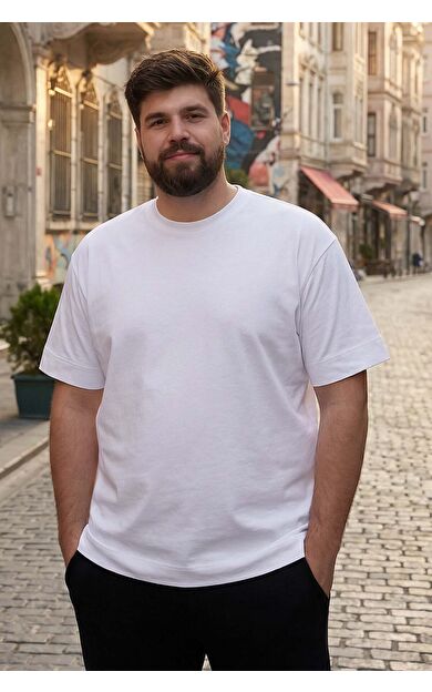 Beyaz Basic Kısa Kol O Yaka Büyük Beden Erkek T-Shirt - 88072