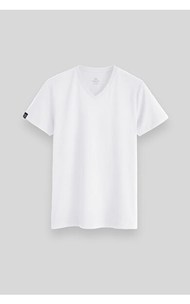 Beyaz Basic Kısa Kol Standart Kalıp V Yaka Erkek T-Shirt - 87912