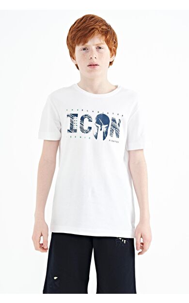 Beyaz Ön Yazı Nakışlı O Yaka Standart Kalıp Erkek  Çocuk T-Shirt - 11118