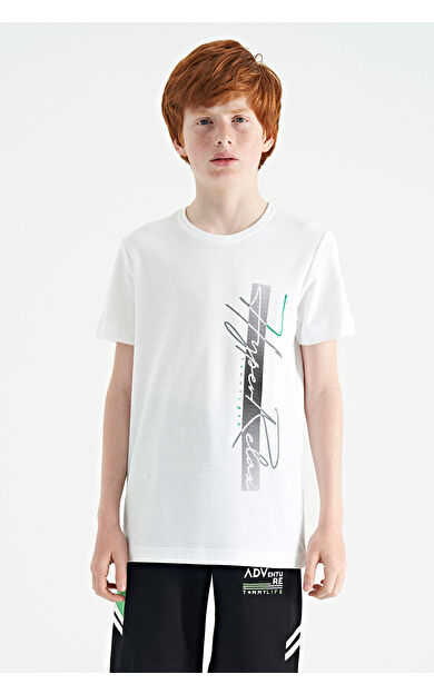 Beyaz Yazı Baskılı O Yaka Standart Kalıp Erkek Çocuk T-Shirt - 11119