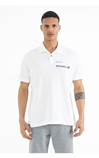 Beyaz Yazı Baskılı Standart Form Polo Yaka Erkek T-shirt - 88236