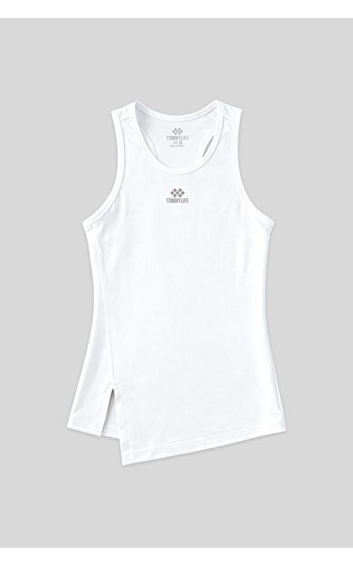 Beyaz Yırtmaç Detaylı O Yaka Sıfır Kollu Standart Kalıp Kadın Spor Atlet - 97256