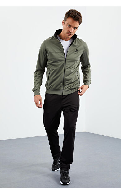 Çağla - Siyah Dik Yaka Fermuarlı Standart Kalıp Klasik Paça Erkek Eşofman Takımı  - 85162