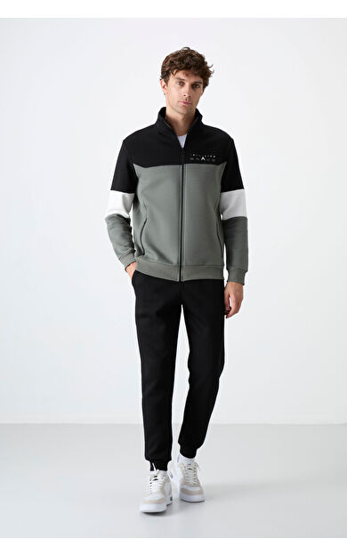 Çağla - Siyah Dik Yaka  Renk Geçişli İçi Polarlı Erkek Eşofman Takımı  - 85186
