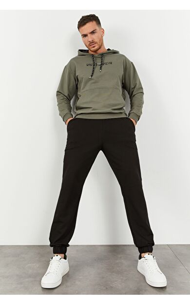 Çağla - Siyah Kapüşonlu Kanguru Cep Lastik Paça Erkek Oversize Eşofman Takımı - 85117