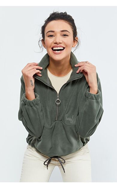 Çağla Yarım Fermuar Etek Ucu Büzgülü Kadın Polar Oversize Sweatshirt - 97171