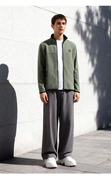 Çağla Yazı Nakışlı Dik Yaka Fermuarlı Standart Kalıp Erkek Sweatshirt Polar - 87992