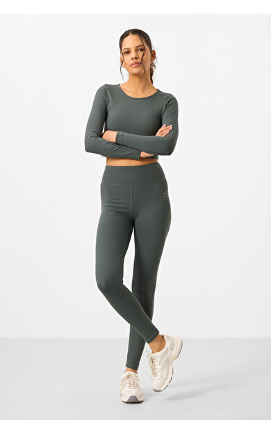 Çağla Yüksek Bel Uzun Kollu Slim Fit Crop Top Kadın Tayt Takım - 95286