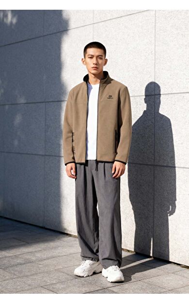 Camel Yazı Nakışlı Dik Yaka Fermuarlı Standart Kalıp Erkek Sweatshirt Polar - 87992