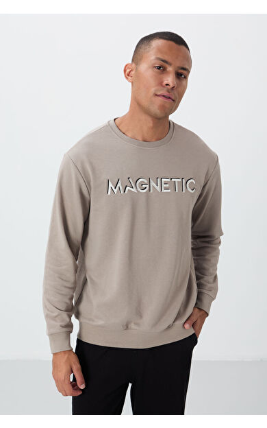 Camel Yazı Nakışlı O Yaka Rahat Form İçi Polarlı Erkek Sweatshirt - 88020