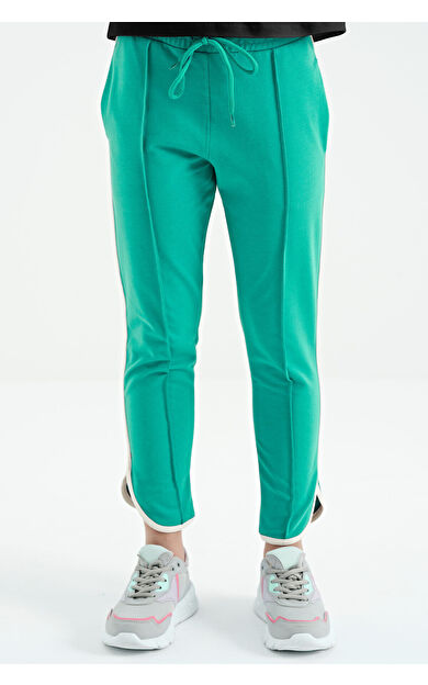 Deniz Yeşili Biye Detaylı Bağcıklı Ön Nevürlü Geniş Paçalı Kız Çocuk Eşofman Altı - 75124