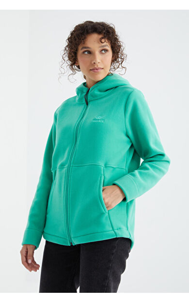 Deniz Yeşili Kapüşonlu Fermuarlı Rahat Form Kadın Polar Sweatshirt - 97233