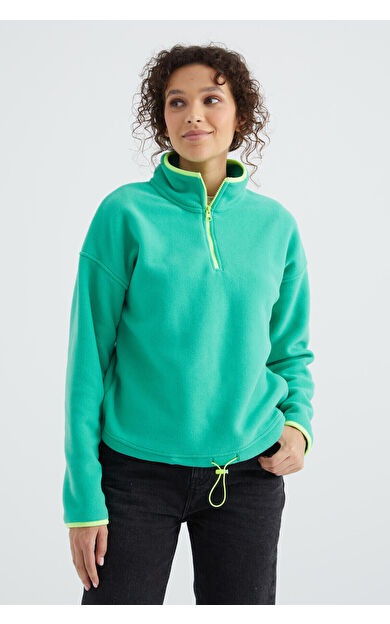 Deniz Yeşili Yarım Fermuar Etek Ucu Büzgülü Dik Yaka Oversize Kadın Polar Sweatshirt - 97234